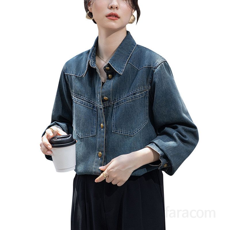 여성 데님 셔츠 루즈핏 롱슬리브 봄 가을 레이어드용 캐주얼 탑 시원한 착용감 레트로 홍콩 스타일 청남방 패션 - 상세 이미지 5