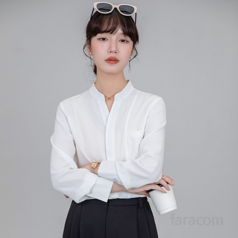 여성용 긴팔 셔츠 블루 V넥 디자인 구김없는 통근용 링클프리 스타일 데일리 엘레강스 블라우스 - 상세 이미지 2