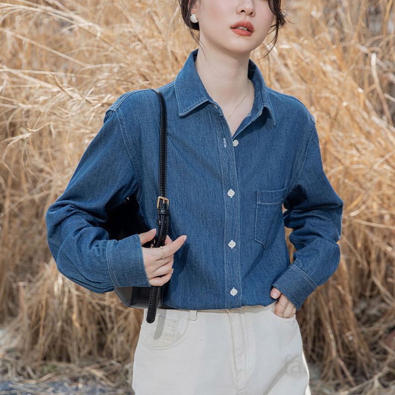 여성 데님 셔츠 루즈핏 긴팔 캐주얼 봄가을 레트로 홍콩 스타일 코튼 소재 편안한 일상 외출용 스타일링 모던한 디자인 - 상세 이미지 2