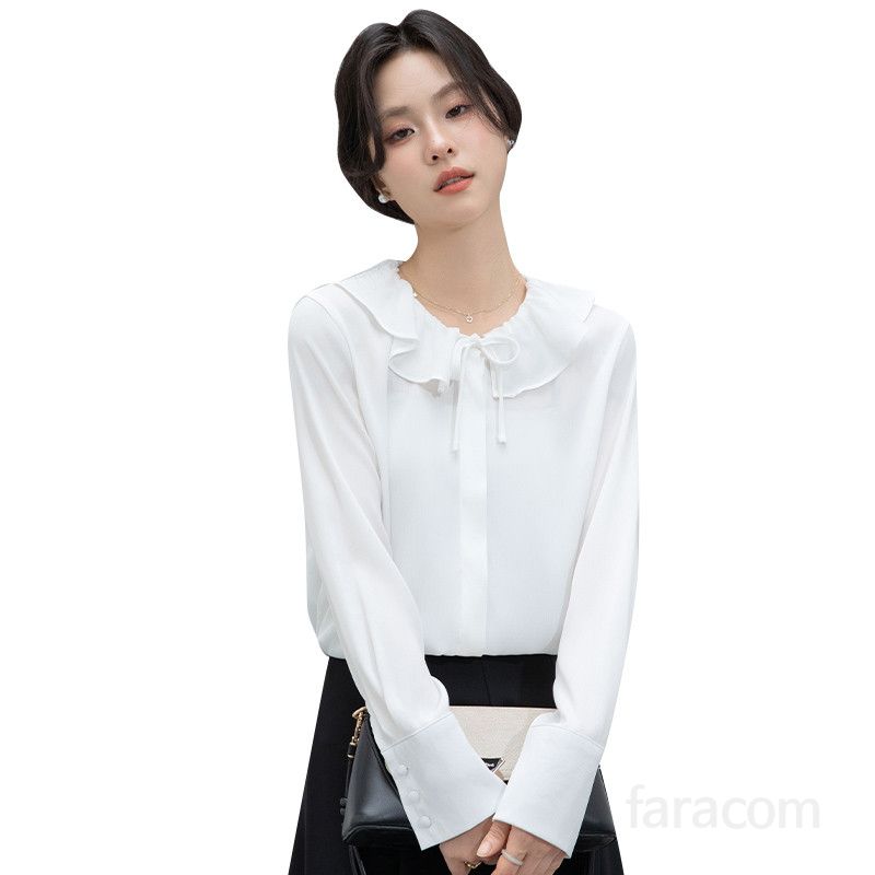 여성 러플 블라우스 봄 여름 라운드넥 셔츠 독특한 디자인의 데일리룩 통근용 캐주얼 스타일 시원하고 편안한 착용감 - 상세 이미지 5