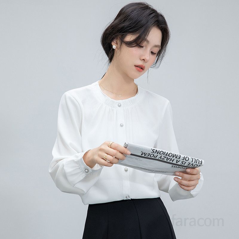 여성 라운드넥 러플 블라우스 루즈핏 긴팔 우아한 봄 가을 데일리 셔츠 스타일리시한 통근용 캐주얼룩 하객룩 모던한 디자인 - 상세 이미지 4
