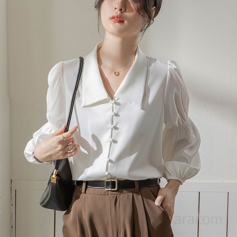 화이트 랜턴 슬리브 셔츠 여성용 봄 가을 직장인 통근용 루즈핏 블라우스 스타일리시한 정장 상의 데일리 캐주얼 코디 가능한 모던한 디자인 - 상품 이미지