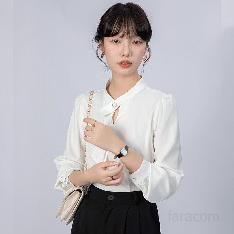 리본 새틴 화이트 셔츠 여성 긴팔 블라우스 가을 고급스러운 통근용 스타일 데일리 이너웨어 편안한 착용감 시크한 디자인 - 상세 이미지 4