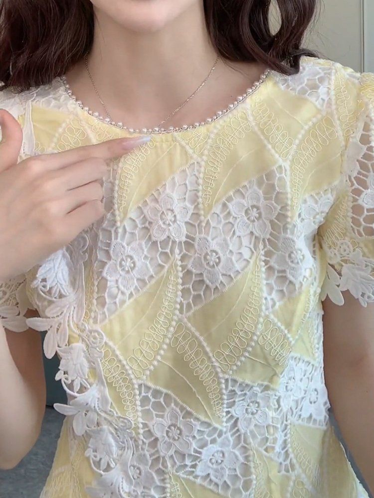 레이스 셔츠 세련된 우아한 패션 코디 꽃 반팔 - 상세 이미지 5