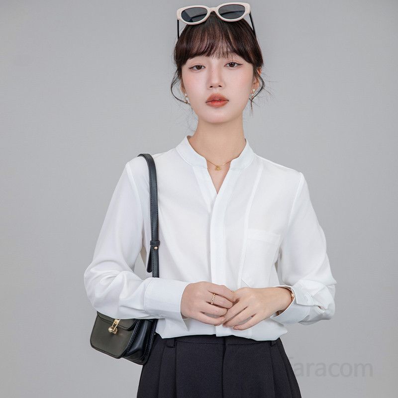 여성용 긴팔 셔츠 블루 V넥 디자인 구김없는 통근용 링클프리 스타일 데일리 엘레강스 블라우스 - 상품 이미지