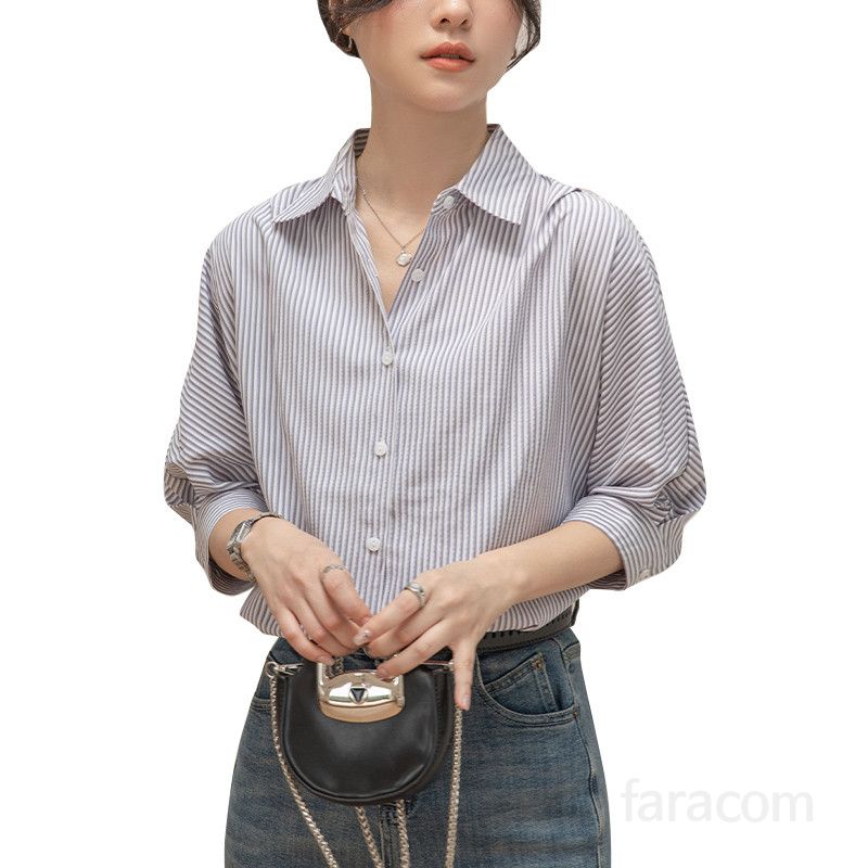 여성 스트라이프 루즈핏 셔츠 여름용 구김없는 캐주얼 7부소매 블라우스 데일리 스타일링 편안한 착용감 시원한 디자인 외출용 데이트룩 - 상세 이미지 5
