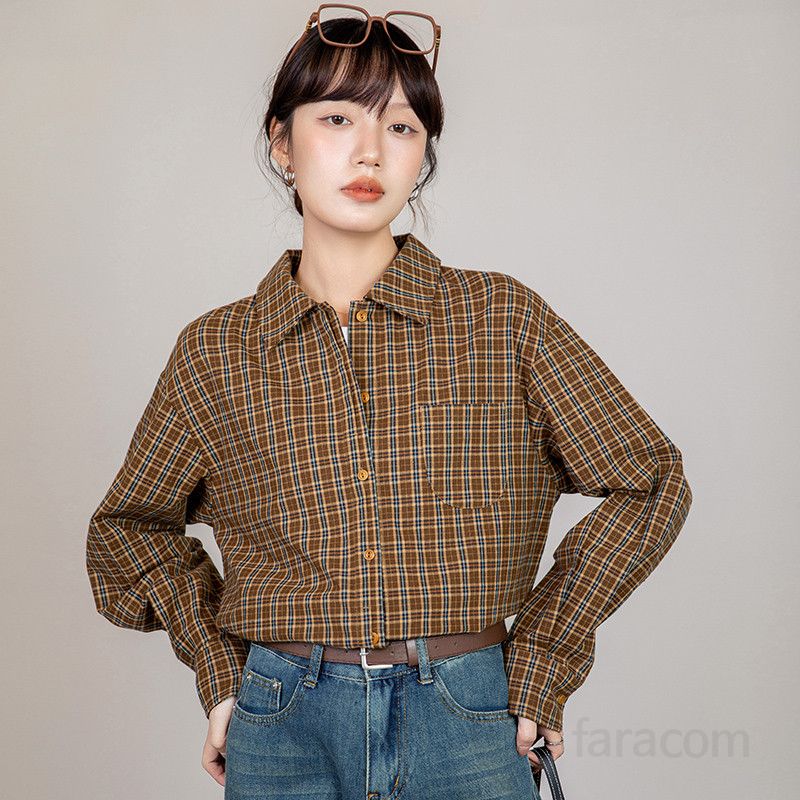 여성용 체크 긴팔 셔츠 얇고 느슨한 폴로 칼라 재킷 스타일 캐주얼한 외출용 데일리 셔츠 편안한 착용감 트렌디한 디자인 - 상세 이미지 5