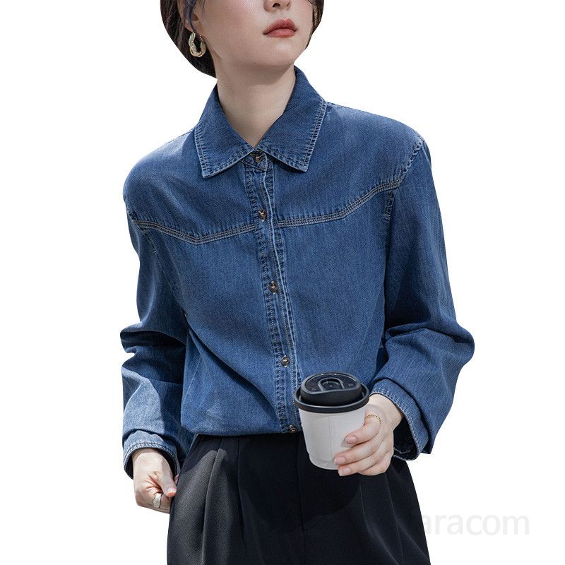 여성 데님 셔츠 봄 가을용 루즈핏 긴팔 캐주얼 레이어드 스타일 홍콩 레트로 디자인 편안한 착용감 모던한 여성용 탑 - 상세 이미지 4