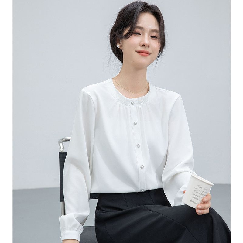 여성 라운드넥 러플 블라우스 루즈핏 긴팔 우아한 봄 가을 데일리 셔츠 스타일리시한 통근용 캐주얼룩 하객룩 모던한 디자인 - 상세 이미지 3