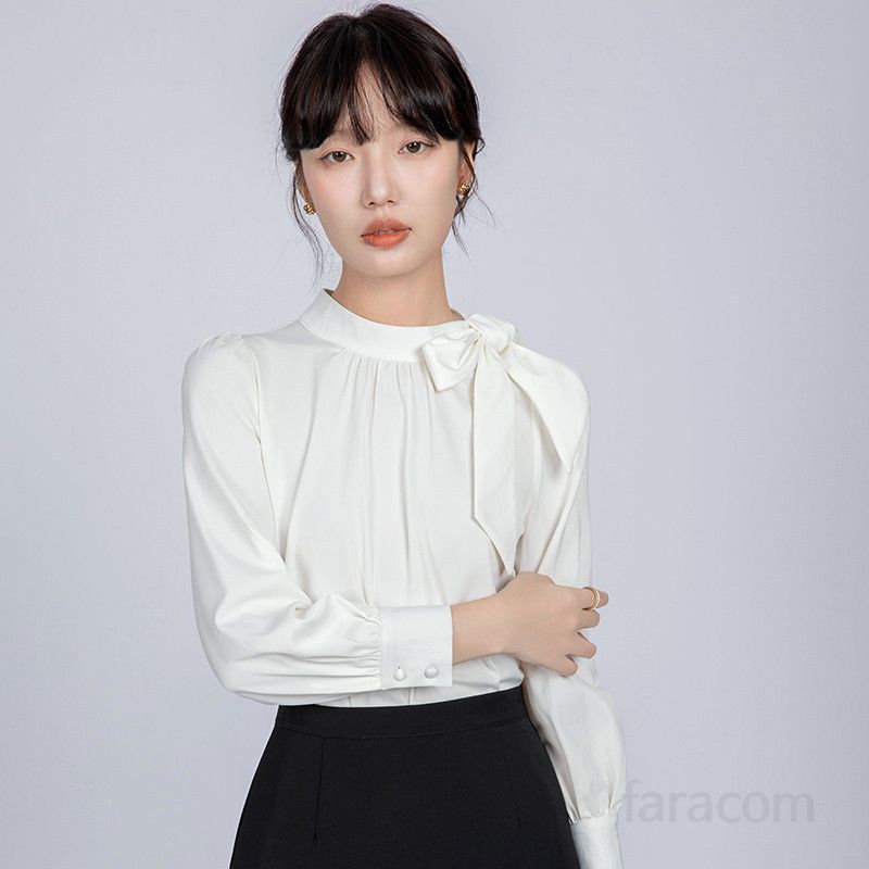 리본 블라우스 여성 여름 화이트 새틴 셔츠 출퇴근 면접용 시원한 착용감 데일리 이너 스타일링 쉬폰 소재 - 상세 이미지 4