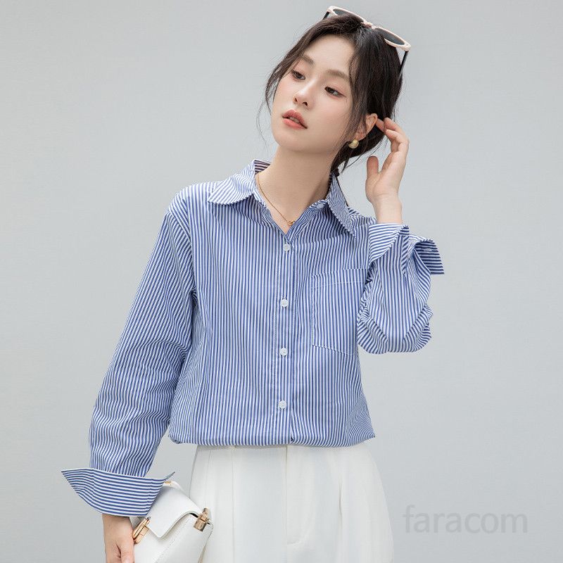 여성 스트라이프 긴팔 셔츠 얇고 루즈한 폴로 칼라 캐주얼한 여름 데일리 스타일 시원한 착용감 편안한 외출용 - 상세 이미지 4