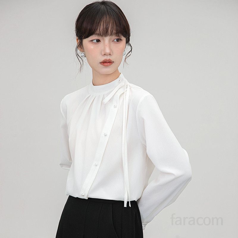 화이트 여성 긴팔 셔츠 출퇴근 면접용 봄 가을 루즈핏 블라우스 편안한 착용감 데일리 스타일링 활용 가능한 고급스러운 디자인 - 상세 이미지 2