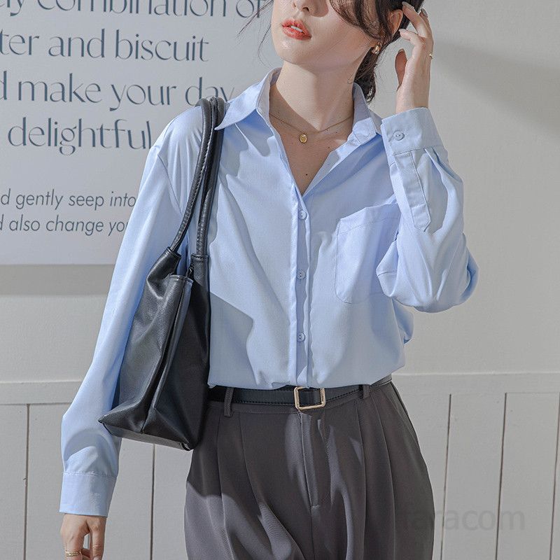 여성 구김없는 블루 셔츠 여름 가을 심플한 출퇴근 면접용 긴팔 셔츠 데일리 링클프리 스타일 편안한 착용감 옥스포드 소재 - 상세 이미지 3