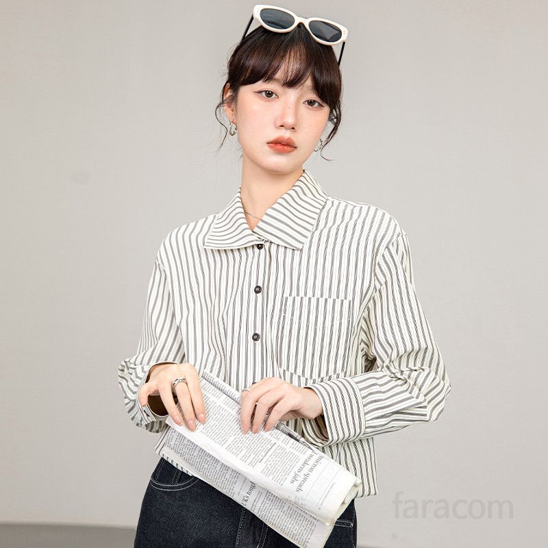 여성 스트라이프 셔츠 가을 신상 블루 세련된 긴팔 이너탑 출퇴근용 구김없는 편안한 데일리 셔츠 자켓 스타일 모던한 디자인 여성의류 - 상세 이미지 5