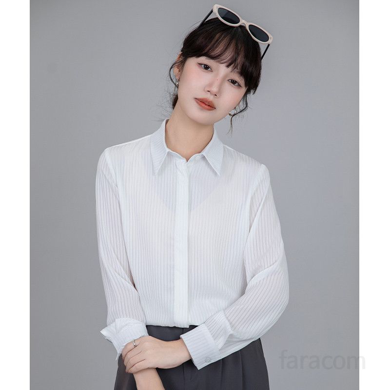 여성 새틴 스트라이프 셔츠 긴팔 드레이프 디자인 봄 여름용 캐주얼 데일리 블라우스 시원한 착용감 고급스러운 스타일 - 상세 이미지 3