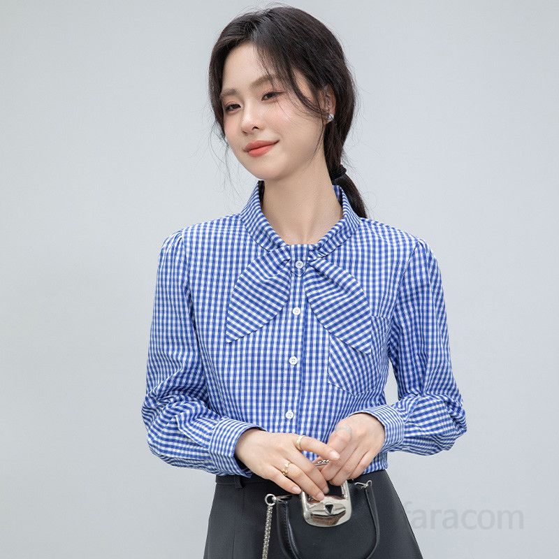 여성 고급 레이스 긴팔 셔츠 프렌치 스타일 블라우스 봄 가을 데일리 루즈핏 캐주얼 착용감 편안한 빈티지 감성 코디 가능한 플레드 디자인 - 상품 이미지