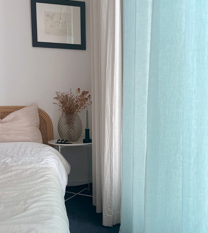 바이아미 연블루 시어 비침 볼륨 린넨 나비주름 거실 속 맞춤 커튼