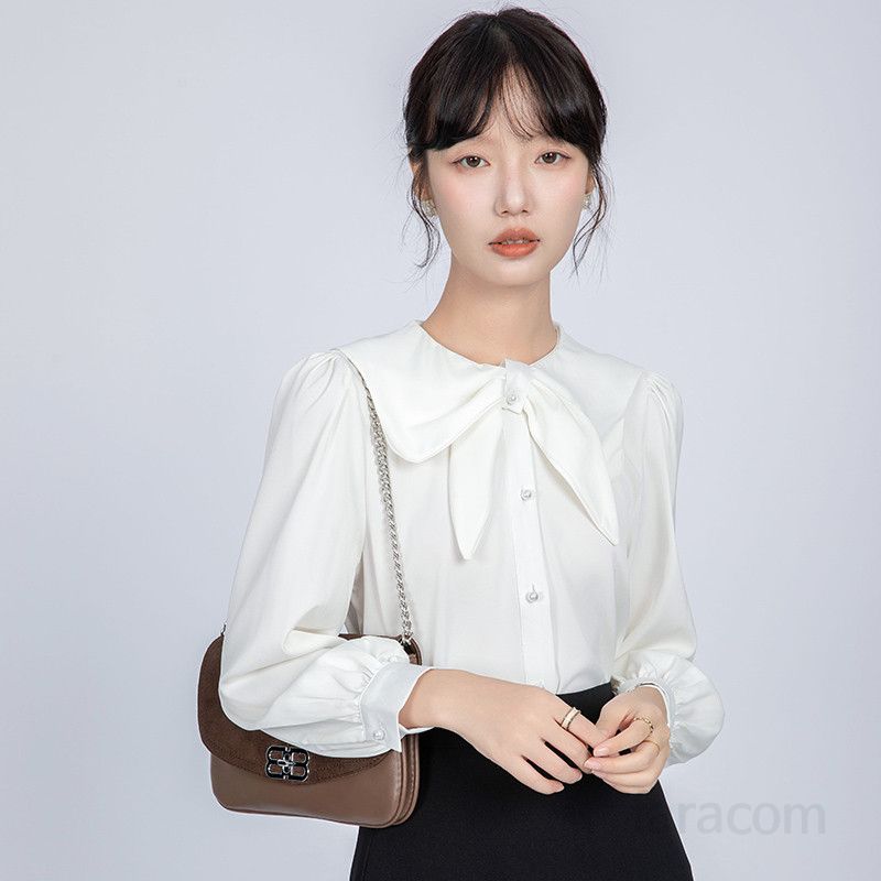 리본타이 새틴 화이트 블라우스 여성용 루즈핏 긴팔 가을 데일리 스타일 통근용 우아한 디자인 편안한 착용감 - 상세 이미지 4