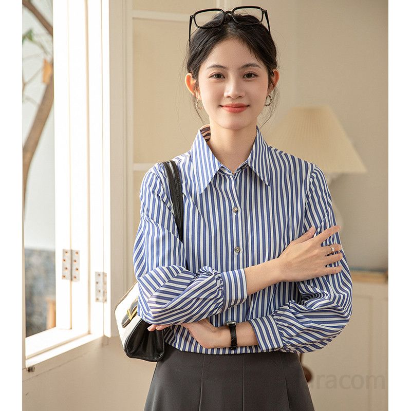 여성 스트라이프 긴팔 셔츠 여름용 얇고 시원한 폴로 칼라 루즈핏 캐주얼 스타일 데일리 오버핏 블라우스 - 상세 이미지 4