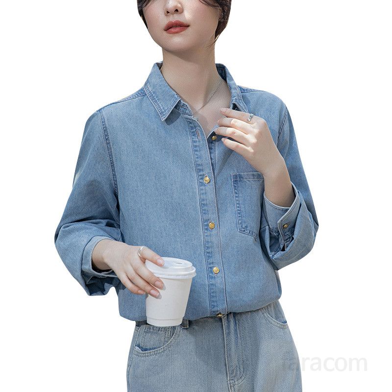 여성용 루즈핏 데님 셔츠 봄 가을 레이어드 스타일 롱슬리브 캐주얼 탑 청남방 코디 모던한 레트로 감성 시원한 착용감 편안한 스타일링 - 상세 이미지 5