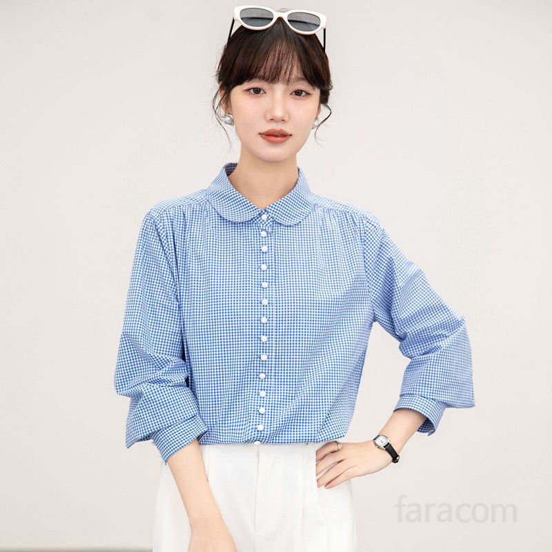 여성 블루 체크 긴팔 셔츠 봄 가을 캐주얼 스타일 다용도 코튼 셔츠 시원한 착용감 편안한 외출용 - 상세 이미지 3