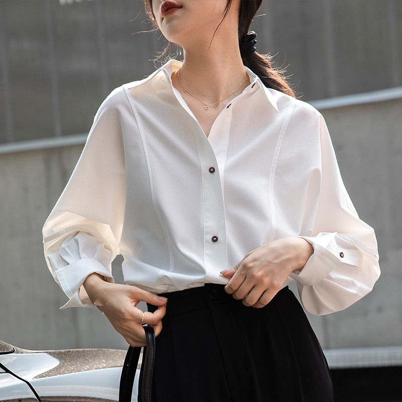 여성 가을 화이트 셔츠블라우스 주름 방지 긴팔 상의 루즈핏 디자인 캐주얼 스타일 데일리 착용감 편안한 코디 추천 - 상세 이미지 2