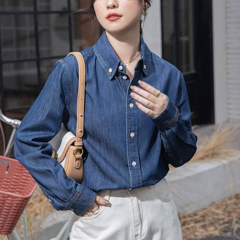 여성 루즈핏 데님 셔츠 봄 가을 레이어드용 홍콩 스타일 롱슬리브 구김없는 캐주얼 블라우스 패션 아이템 - 상세 이미지 5