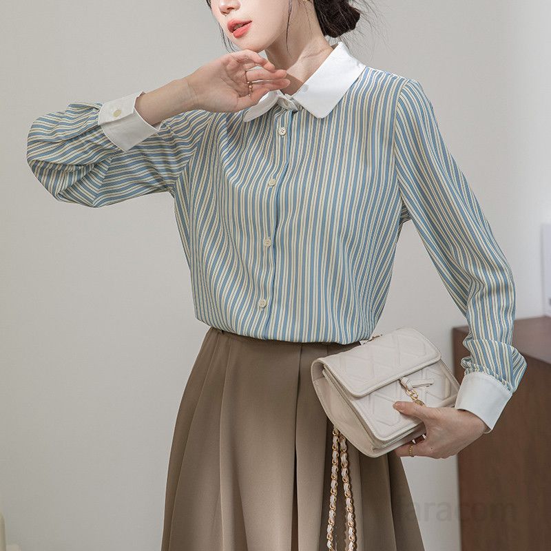 여성 긴팔 스트라이프 셔츠 봄 여름 캐주얼 코튼 남방 시원한 착용감 데일리 스타일 세련된 디자인 편안한 외출용 - 상세 이미지 5