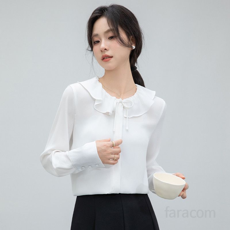 여성 러플 블라우스 봄 여름 라운드넥 셔츠 독특한 디자인의 데일리룩 통근용 캐주얼 스타일 시원하고 편안한 착용감 - 상품 이미지