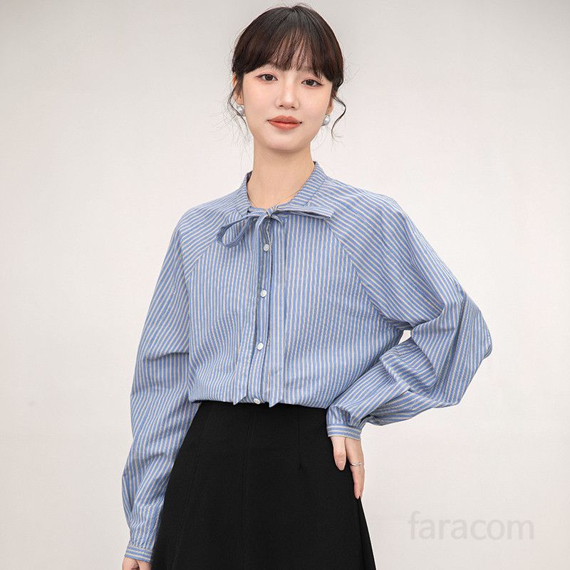 여성 슬림핏 레트로 스트라이프 셔츠 긴팔 레이스업 탑 세련된 블라우스 스타일 데일리 캐주얼 룩 봄 가을용 모던한 매력 - 상세 이미지 3