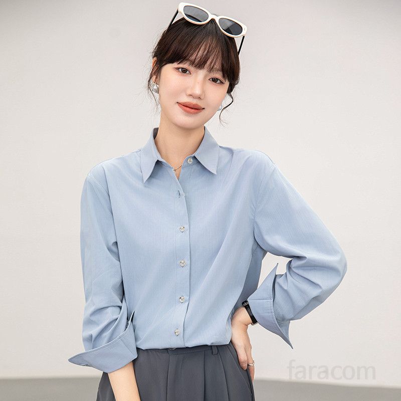 여성용 블루 드레이프 셔츠 봄 가을 정장 스타일 면접복 이너 탑 캐주얼한 착용감 통근용 데일리 셔츠 블라우스 - 상세 이미지 2