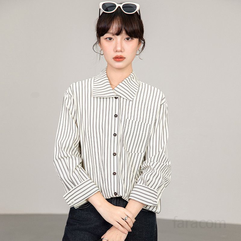 여성 스트라이프 셔츠 가을 신상 블루 세련된 긴팔 이너탑 출퇴근용 구김없는 편안한 데일리 셔츠 자켓 스타일 모던한 디자인 여성의류 - 상세 이미지 3
