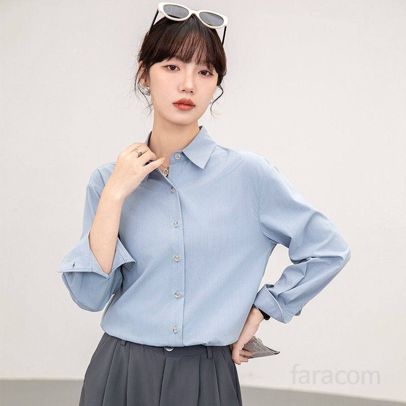 여성용 블루 드레이프 셔츠 봄 가을 정장 스타일 면접복 이너 탑 캐주얼한 착용감 통근용 데일리 셔츠 블라우스 - 상품 이미지