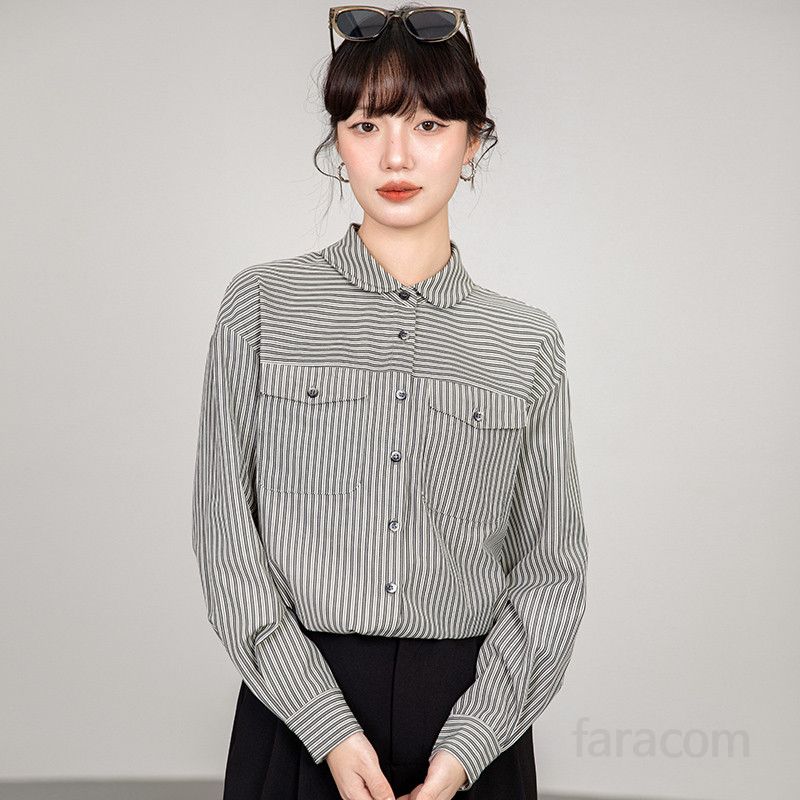 여성 블랙 스트라이프 셔츠 봄 가을용 루즈핏 클래식한 스타일 구김없는 캐주얼 출퇴근용 편안한 착용감 데일리 여성의류 - 상세 이미지 3