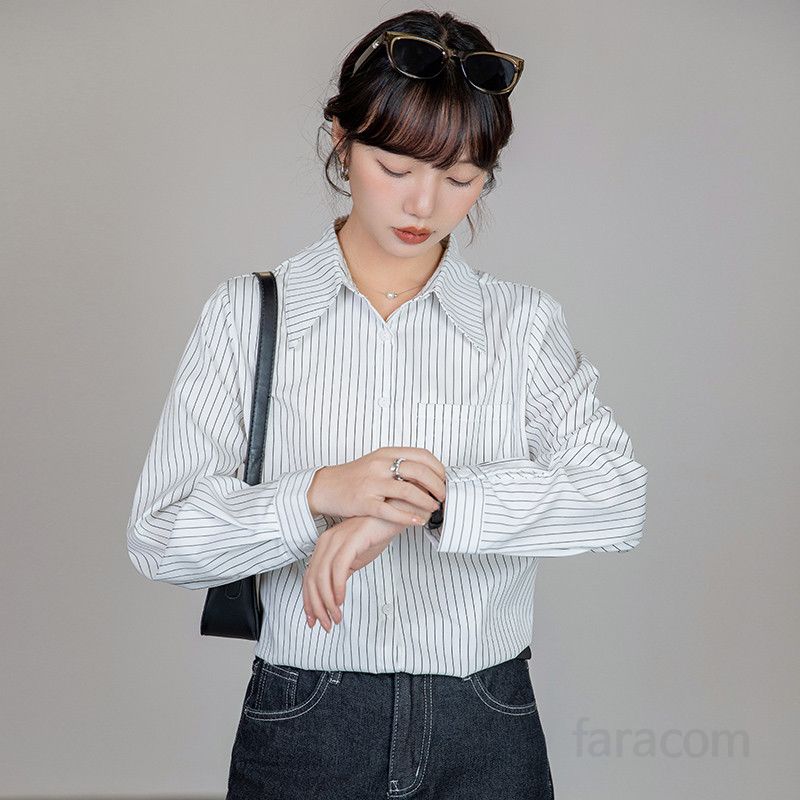 여성 스트라이프 셔츠 봄 출근용 루즈핏 코튼 탑 세로 패턴 구김없는 스타일리시한 데일리룩 편안한 착용감 레트로 패션 - 상세 이미지 3
