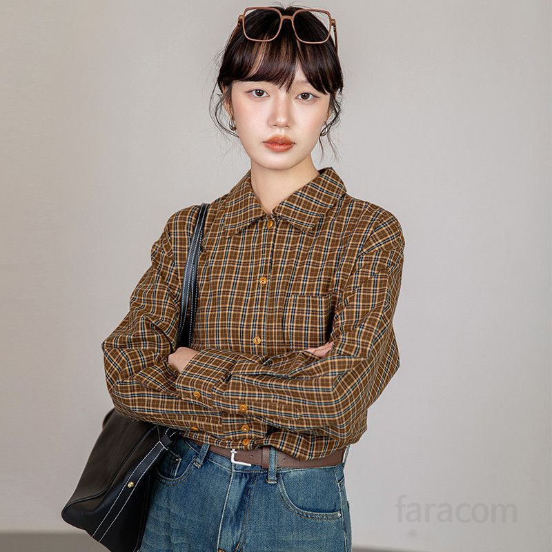 여성용 체크 긴팔 셔츠 얇고 느슨한 폴로 칼라 재킷 스타일 캐주얼한 외출용 데일리 셔츠 편안한 착용감 트렌디한 디자인 - 상세 이미지 2