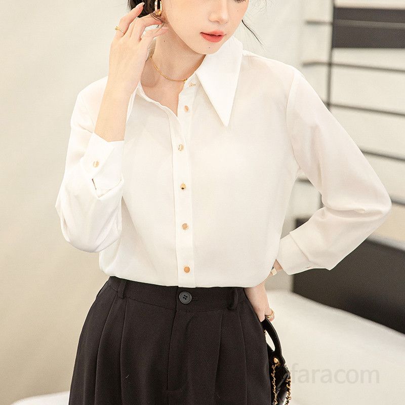 여성용 흰색 주름 방지 긴팔 셔츠 면접용 오피스룩 봄 가을 정장 스타일 우아한 심플한 착용감 여자 정장 셔츠 데일리 활용 가능 - 상세 이미지 2