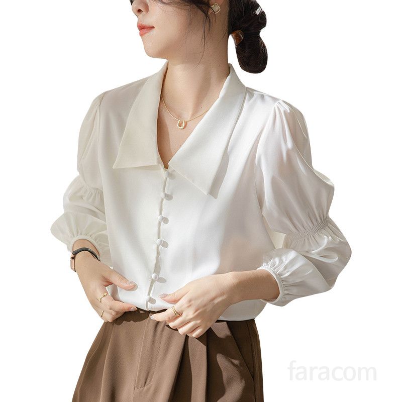 화이트 랜턴 슬리브 셔츠 여성용 봄 가을 직장인 통근용 루즈핏 블라우스 스타일리시한 정장 상의 데일리 캐주얼 코디 가능한 모던한 디자인 - 상세 이미지 5