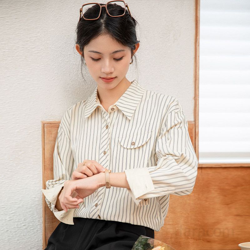 여성 스트라이프 긴팔 루즈핏 셔츠 얇은 폴로 칼라 데일리 캐주얼 스타일 시원한 착용감 여름용 외출 여행 코튼 소재 - 상세 이미지 2