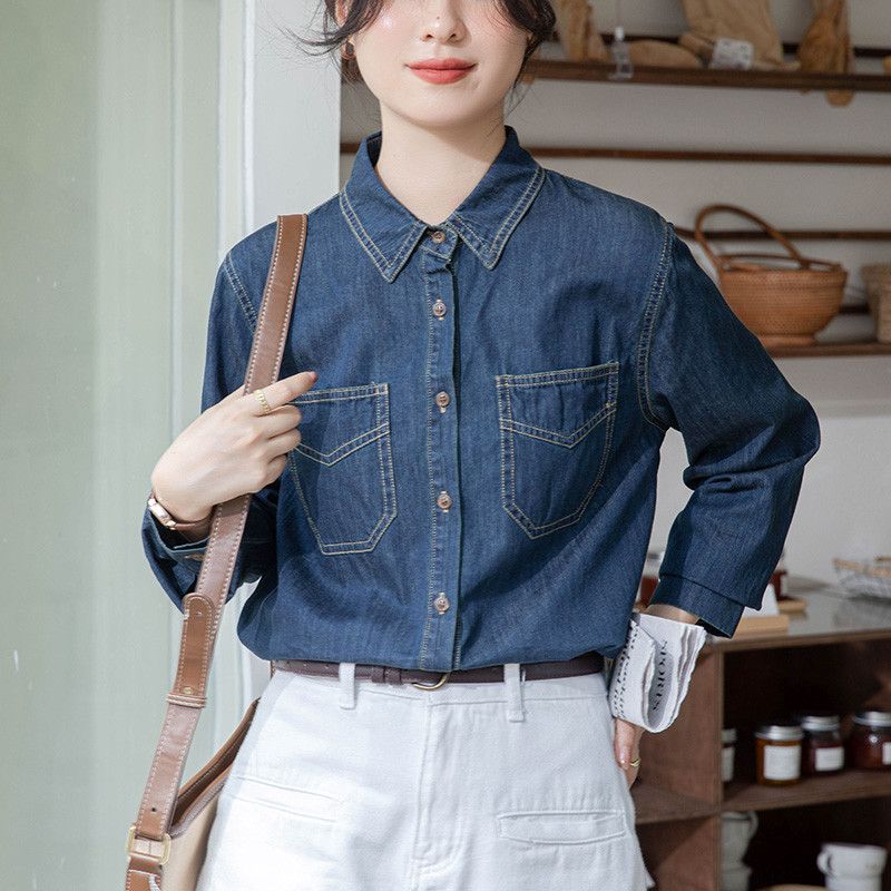여성 데님 셔츠 루즈핏 블루 레이어드 봄 가을용 구김없는 캐주얼 롱슬리브 옥스포드 스타일 패션블라우스 - 상세 이미지 4