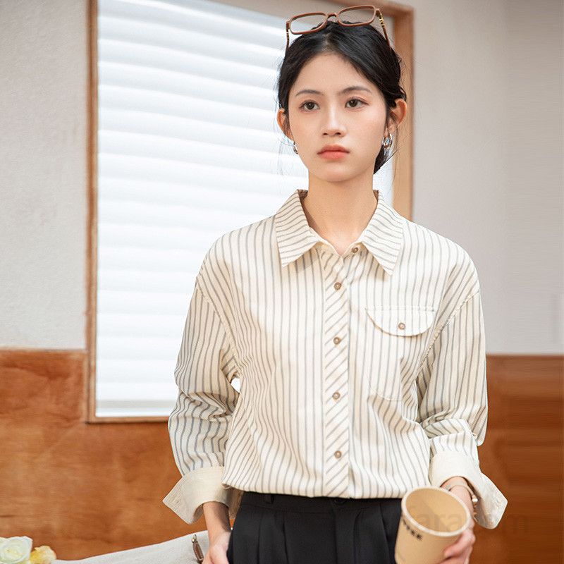 여성 스트라이프 긴팔 루즈핏 셔츠 얇은 폴로 칼라 데일리 캐주얼 스타일 시원한 착용감 여름용 외출 여행 코튼 소재 - 상세 이미지 3