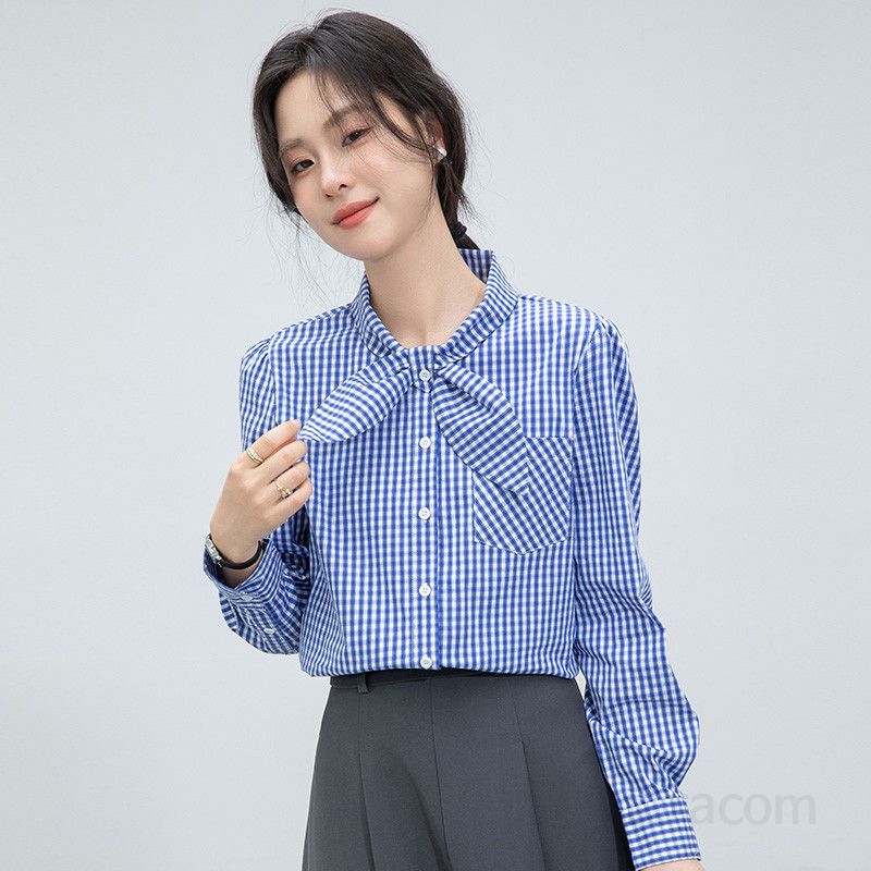 여성 고급 레이스 긴팔 셔츠 프렌치 스타일 블라우스 봄 가을 데일리 루즈핏 캐주얼 착용감 편안한 빈티지 감성 코디 가능한 플레드 디자인 - 상세 이미지 4