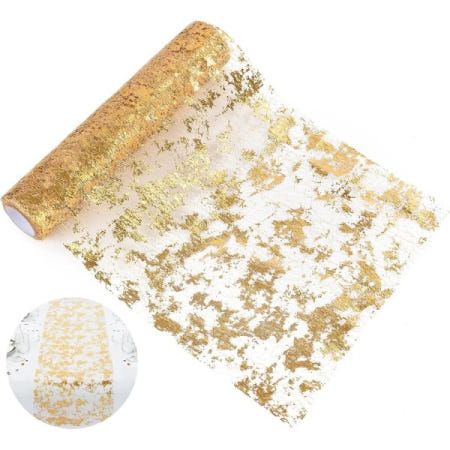 [Klurent][해외]골드 테이블 러너 11인치 x 360인치, 풍부한 스팽글 글리터 포일 메탈릭 얇은 메쉬 롤은 다양한 요구 사항을 충족할 수 있습니다. 생일 파티 결혼식 크리스 9 ft/10