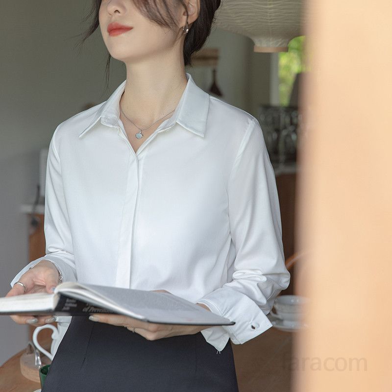 여성 새틴 화이트 셔츠 긴팔 구김없는 정장 출퇴근용 데일리룩 깔끔한 디자인 스타일리시한 작업복 봄여름용 편안한 착용감 링클프리 블라우스 - 상세 이미지 5