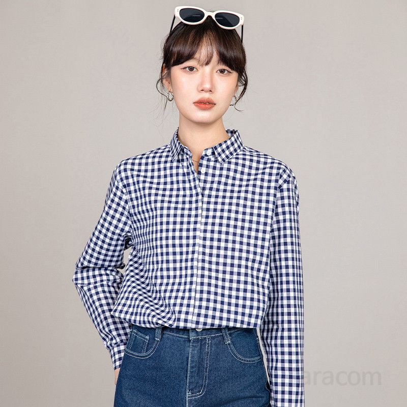 여성 긴팔 코튼 셔츠 파란색 체크 패턴 스타일리시한 세련된 디자인 캐주얼한 기질 편안한 착용감 데일리 간절기용 상의 - 상세 이미지 4