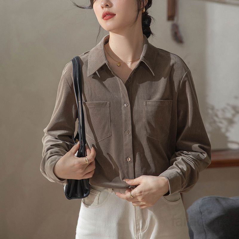 여성 긴팔 셔츠 루즈핏 코튼 캐주얼 아우터 가을 겨울 레이어드용 데일리 스타일 편안한 착용감 올매치 디자인 모던한 트렌디한 - 상품 이미지