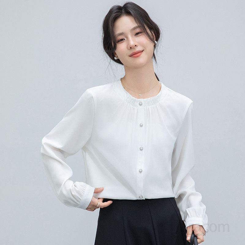 여성 라운드넥 러플 블라우스 루즈핏 긴팔 우아한 봄 가을 데일리 셔츠 스타일리시한 통근용 캐주얼룩 하객룩 모던한 디자인 - 상세 이미지 2