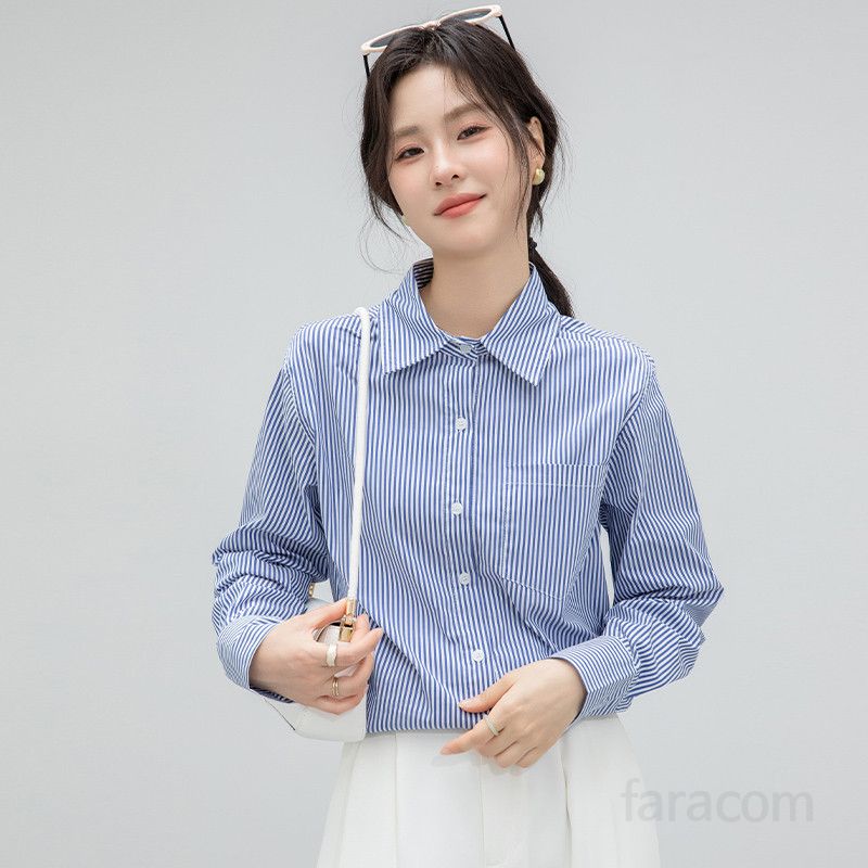 여성 스트라이프 긴팔 셔츠 얇고 루즈한 폴로 칼라 캐주얼한 여름 데일리 스타일 시원한 착용감 편안한 외출용 - 상세 이미지 2