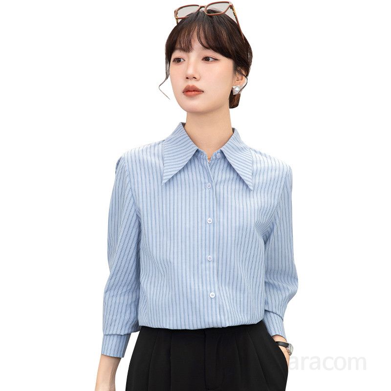 여성 스트라이프 루즈핏 셔츠 봄 가을 데일리 블라우스 구김없는 캐주얼 옥스포드 스타일 통근용 편안한 착용감 모던한 패션 아이템 - 상세 이미지 5