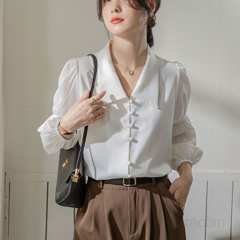 화이트 랜턴 슬리브 셔츠 여성용 봄 가을 직장인 통근용 루즈핏 블라우스 스타일리시한 정장 상의 데일리 캐주얼 코디 가능한 모던한 디자인 - 상세 이미지 2